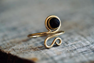 Spiral Brass Ring Black Onyx, Boho Jewellery Adjustable Golden Brass Ring