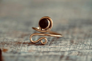 Spiral Brass Ring Black Onyx, Boho Jewellery Adjustable Golden Brass Ring