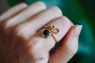 Spiral Brass Ring Black Onyx, Boho Jewellery Adjustable Golden Brass Ring