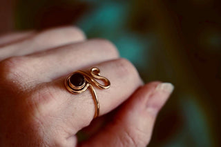 Spiral Brass Ring Black Onyx, Boho Jewellery Adjustable Golden Brass Ring