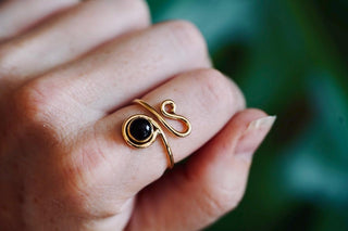 Spiral Brass Ring Black Onyx, Boho Jewellery Adjustable Golden Brass Ring