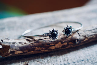 Silver Flower Bracelet with Black Onyx, Dainty Bangle for Women, Delicate Boho Bracelet