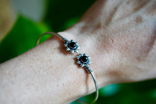 Silver Flower Bracelet with Black Onyx, Dainty Bangle for Women, Delicate Boho Bracelet