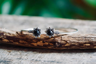 Silver Flower Bracelet with Black Onyx, Dainty Bangle for Women, Delicate Boho Bracelet