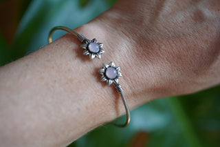 Silver Flower Bracelet Rose Quartz, Dainty Bangle for Women, Delicate Boho Bracelet