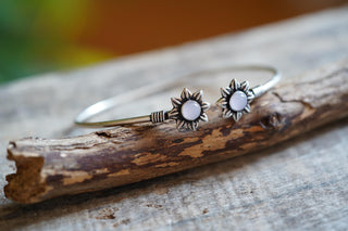 Silver Flower Bracelet Rose Quartz, Dainty Bangle for Women, Delicate Boho Bracelet