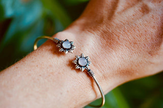 Silver Flower Bracelet Rose Quartz, Dainty Bangle for Women, Delicate Boho Bracelet