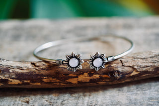 Silver Flower Bracelet Rose Quartz, Dainty Bangle for Women, Delicate Boho Bracelet