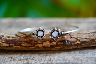 Silver Flower Bracelet Rose Quartz, Dainty Bangle for Women, Delicate Boho Bracelet