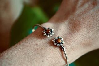 Silver Flower Bracelet Tiger Eye, Dainty Bangle for Women, Delicate Boho Bracelet