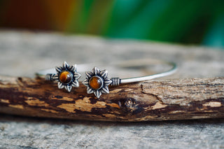 Silver Flower Bracelet Tiger Eye, Dainty Bangle for Women, Delicate Boho Bracelet