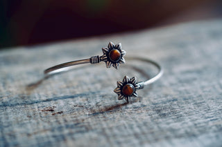 Silver Flower Bracelet Tiger Eye, Dainty Bangle for Women, Delicate Boho Bracelet