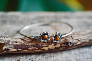 Silver Flower Bracelet Tiger Eye, Dainty Bangle for Women, Delicate Boho Bracelet