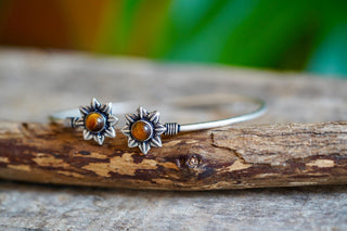 Silver Flower Bracelet Tiger Eye, Dainty Bangle for Women, Delicate Boho Bracelet