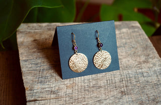 Amethyst Hammered Brass Dangle Earrings, Statement Dangle Earrings, Unique Pendant Earrings
