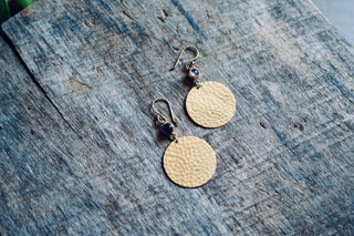 Amethyst Hammered Brass Dangle Earrings, Statement Dangle Earrings, Unique Pendant Earrings