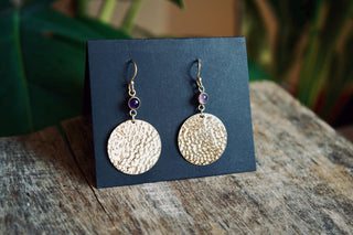 Amethyst Hammered Brass Dangle Earrings, Statement Dangle Earrings, Unique Pendant Earrings