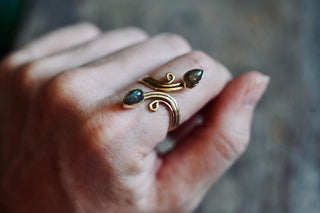Labradorite Spiral Brass Ring Adjustable Ring, One size bohemian Stone Ring for Her