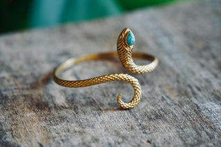 Snake Bracelet Turquoise Brass Bangle – Boho Cuff with Turquoise Gemstone – Adjustable Statement Jewellery Gift for Her