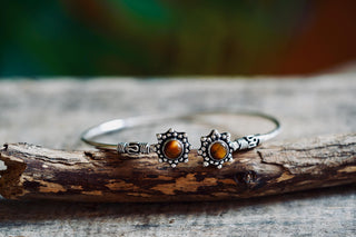 Tiger Eye Silver Bangle, Bali Style Silver Bracelet, Boho Bangle, Bohemian Silver Bracelet