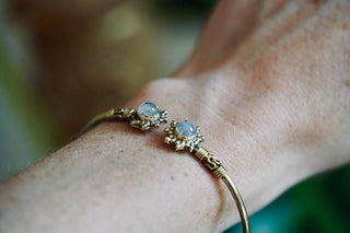 Moonstone Bangle Bali Flower Brass Bracelet, Boho Bangle, Bohemian Brass Bracelet