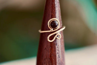 Spiral Brass Ring Black Onyx, Boho Jewellery Adjustable Golden Brass Ring