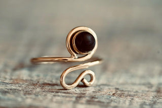 Spiral Brass Ring Black Onyx, Boho Jewellery Adjustable Golden Brass Ring