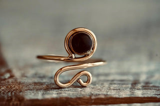 Spiral Brass Ring Black Onyx, Boho Jewellery Adjustable Golden Brass Ring
