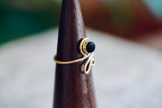 Spiral Brass Ring Black Onyx, Boho Jewellery Adjustable Golden Brass Ring