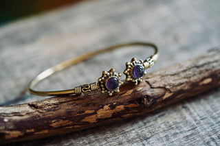 Boho Brass Bracelet Amethyst, Women's Ethnic Bangle, Amethyst Gift