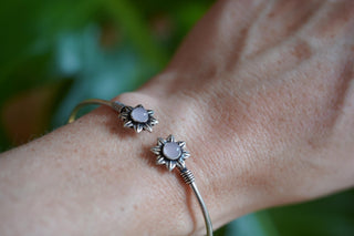 Silver Flower Bracelet Rose Quartz, Dainty Bangle for Women, Delicate Boho Bracelet