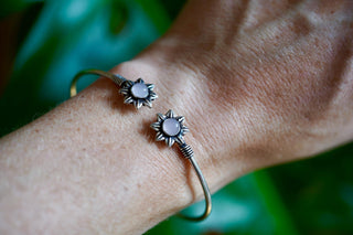 Silver Flower Bracelet Rose Quartz, Dainty Bangle for Women, Delicate Boho Bracelet