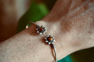 Silver Flower Bracelet Tiger Eye, Dainty Bangle for Women, Delicate Boho Bracelet
