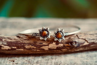 Silver Flower Bracelet Tiger Eye, Dainty Bangle for Women, Delicate Boho Bracelet