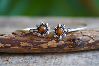 Silver Flower Bracelet Tiger Eye, Dainty Bangle for Women, Delicate Boho Bracelet