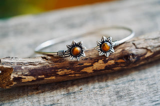 Silver Flower Bracelet Tiger Eye, Dainty Bangle for Women, Delicate Boho Bracelet