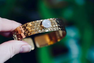 Hammered Brass Bracelet with Moonstone, Adjustable Women's Bangle from Kaali Boutique