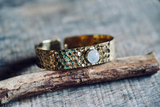 Hammered Brass Bracelet with Moonstone, Adjustable Women's Bangle from Kaali Boutique