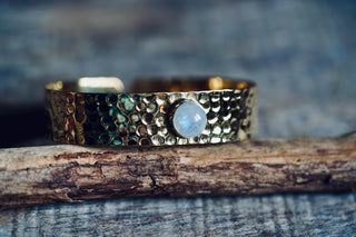 Hammered Brass Bracelet with Moonstone, Adjustable Women's Bangle from Kaali Boutique