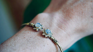 Moonstone Bangle Bali Flower Brass Bracelet, Boho Bangle, Bohemian Brass Bracelet