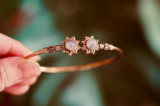 Moonstone Bangle Bali Flower Brass Bracelet, Boho Bangle, Bohemian Brass Bracelet