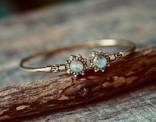 Moonstone Bangle Bali Flower Brass Bracelet, Boho Bangle, Bohemian Brass Bracelet