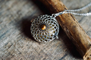 Silver Bola Necklace Tigers Eye, Gift for Pregnant Woman, Pregnancy Present, Stainless Steel Chain