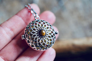 Silver Bola Necklace Tigers Eye, Gift for Pregnant Woman, Pregnancy Present, Stainless Steel Chain