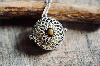 Silver Bola Necklace Tigers Eye, Gift for Pregnant Woman, Pregnancy Present, Stainless Steel Chain