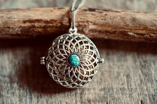 Silver Bola Necklace Turquoise, Gift for Pregnant Woman, Pregnancy Present, Stainless Steel Chain