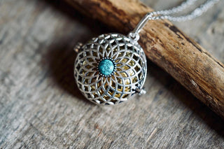 Silver Bola Necklace Turquoise, Gift for Pregnant Woman, Pregnancy Present, Stainless Steel Chain