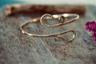 Boho Brass Spiral Cuff Bracelet Engraved Patterns– Adjustable Arm Cuff, Statement Arm Bracelet