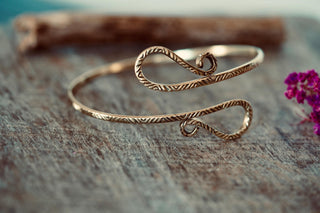 Boho Brass Spiral Cuff Bracelet Engraved Patterns– Adjustable Arm Cuff, Statement Arm Bracelet