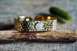 Hammered Brass Bracelet with Moonstone, Adjustable Women's Bangle from Kaali Boutique